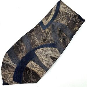 GIANNI VERSACE Tie Navy Gray Silver Brown Geometric Pattern 100% Silk Japan